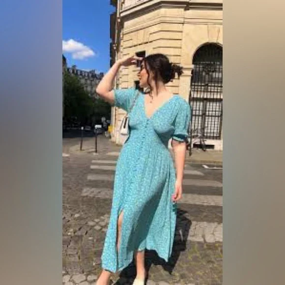 MANGO Blue and green Floral romantic Dress open back XS